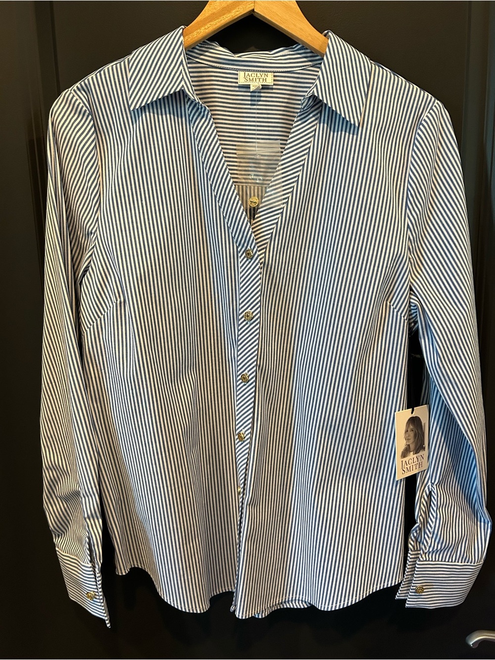 Jaclyn Smith Women’s Blue and White Stripe Button-Up Shirt NWT